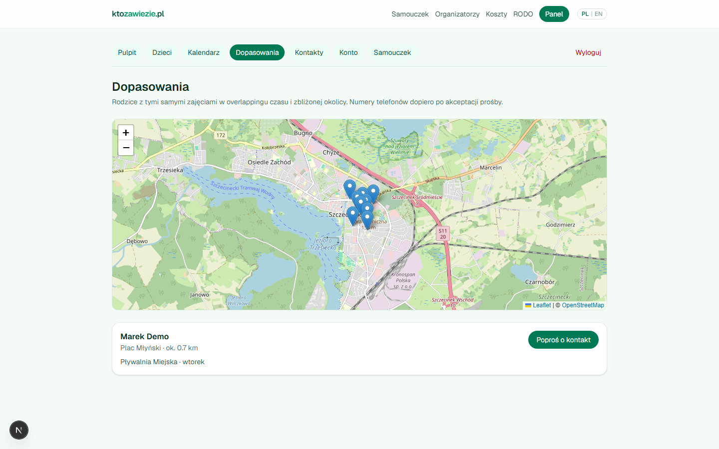 Dopasowania rodziców na mapie OpenStreetMap Szczecinka