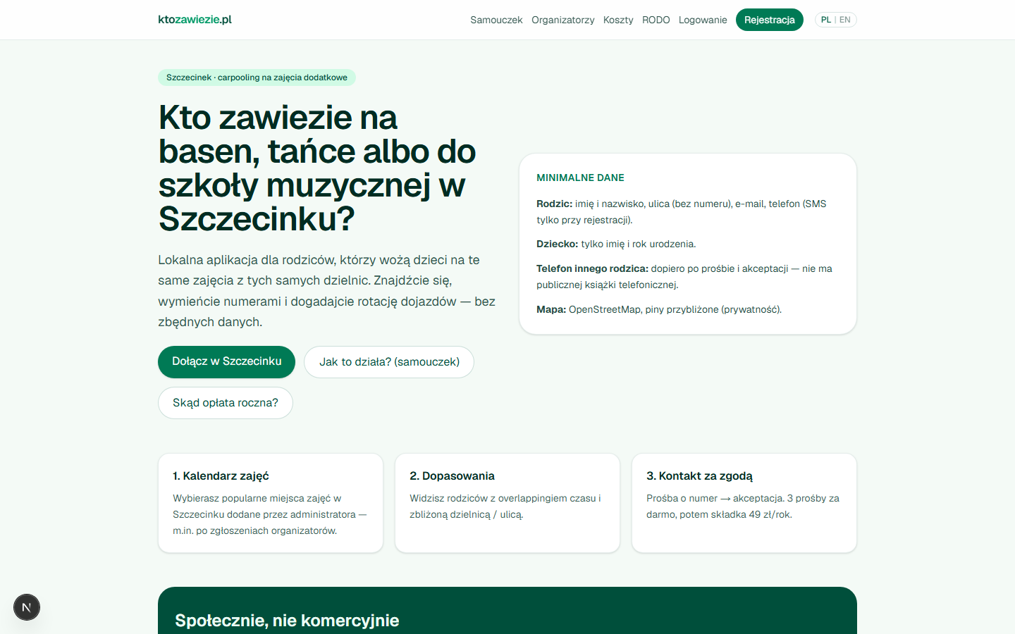 Landing ktozawiezie.pl — carpooling na basen, tańce i szkołę muzyczną w Szczecinku