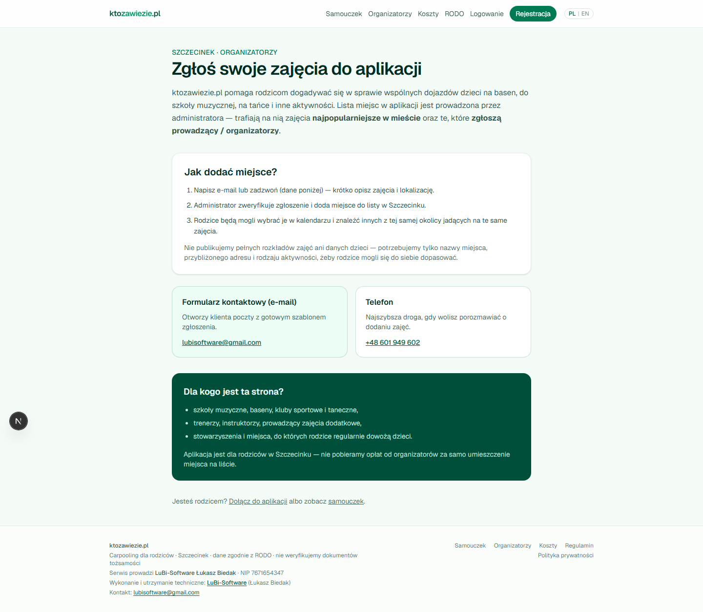 Strona dla organizatorów zajęć — zgłaszanie miejsc do katalogu aplikacji e-mailem lub telefonem
