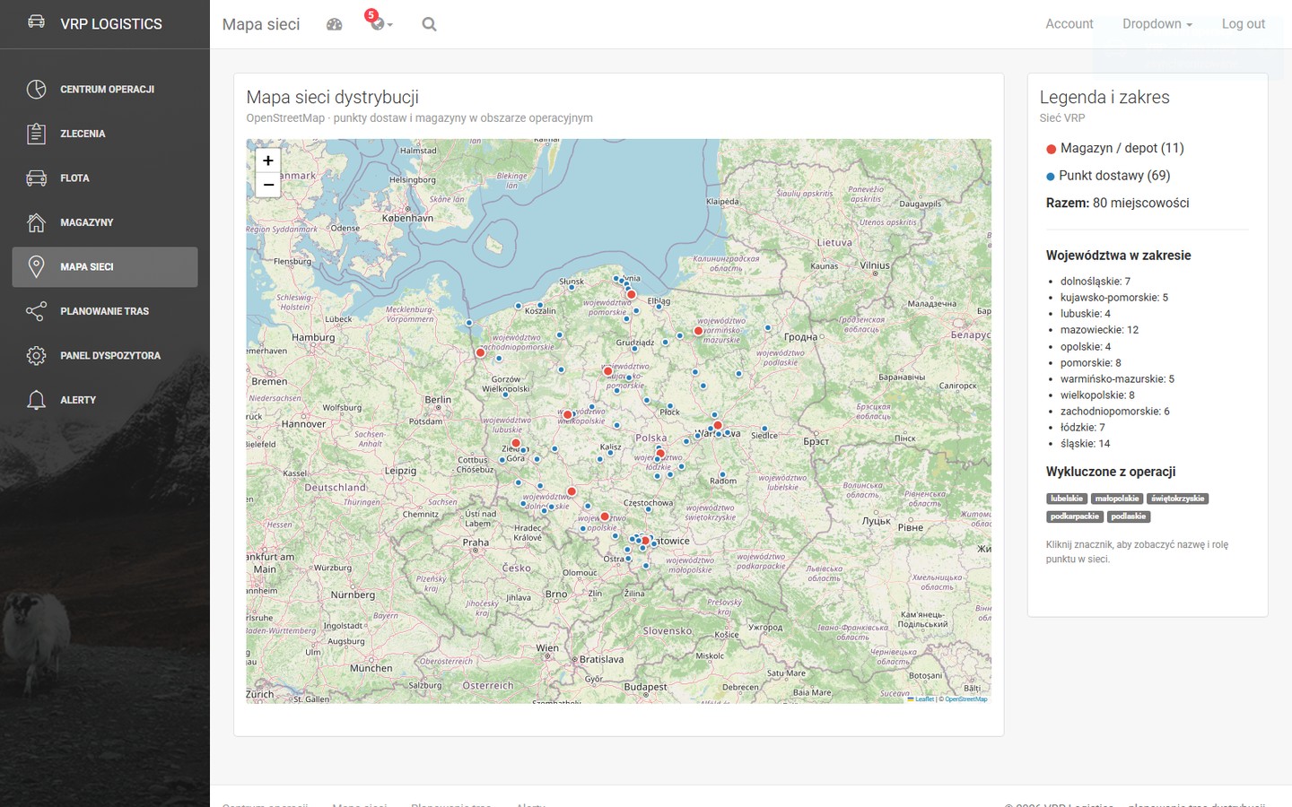 Mapa sieci dystrybucji — magazyny i punkty dostaw