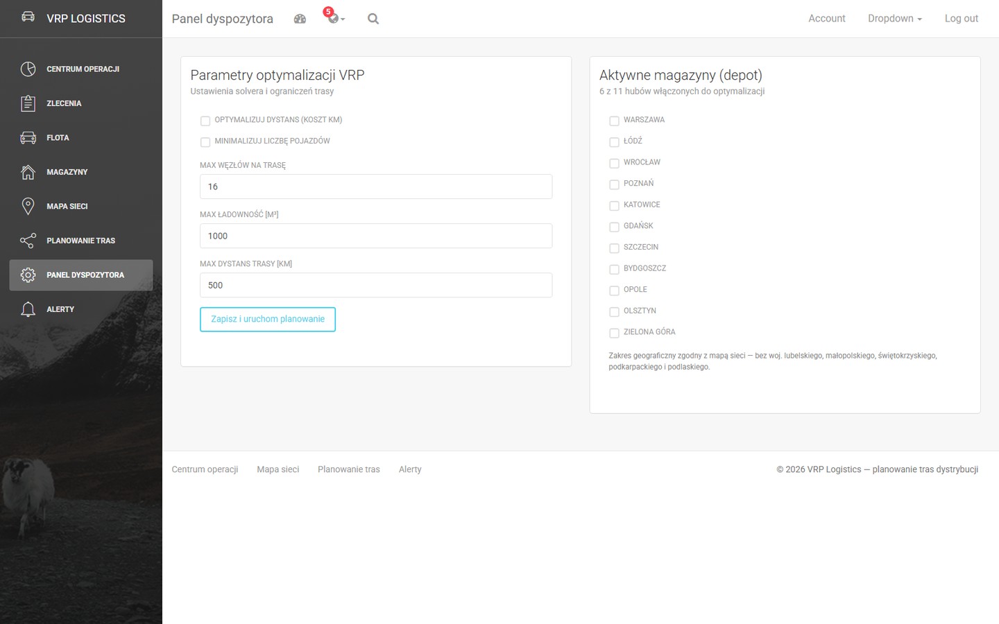 Panel dyspozytora — parametry optymalizacji CVRP i wybór magazynów